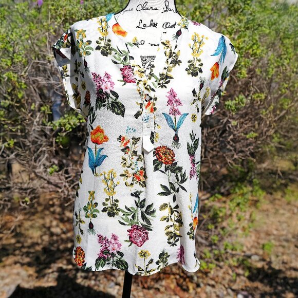 Pleione White Floral Print Short Sleeve Blouse - Picture 1 of 2